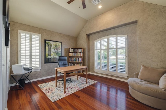 239 Brandon Cir, Goldsby, OK 73093 - office area with healthy amount of natural light, a ceiling fan, vaulted ceiling, wood finished floors, and baseboards