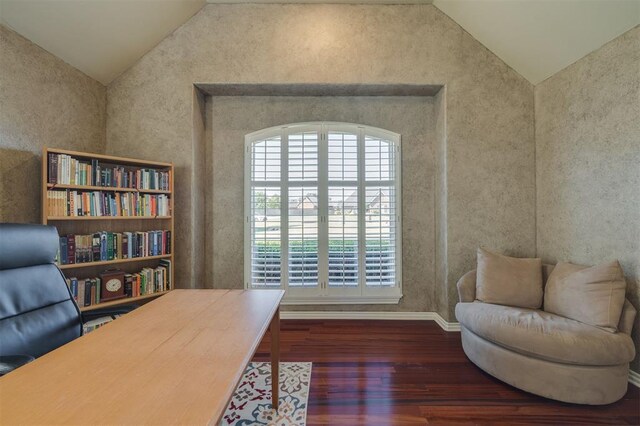 239 Brandon Cir, Goldsby, OK 73093 - office area featuring wood finished floors, vaulted ceiling, and plenty of natural light