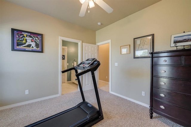 239 Brandon Cir, Goldsby, OK 73093 - exercise room featuring carpet, a ceiling fan, and baseboards