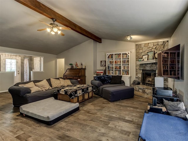 312 Carlsbad Ct, Yukon, OK 73099 - living room with wood finished floors, ceiling fan, and a fireplace