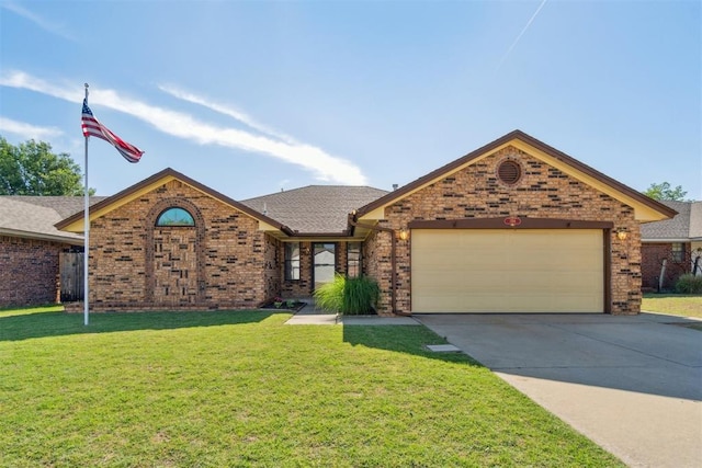 1708 Shannon Dr, Midwest City, OK 73130 - view of front facade featuring brick siding, a garage, driveway, a front yard, and a shingled roof