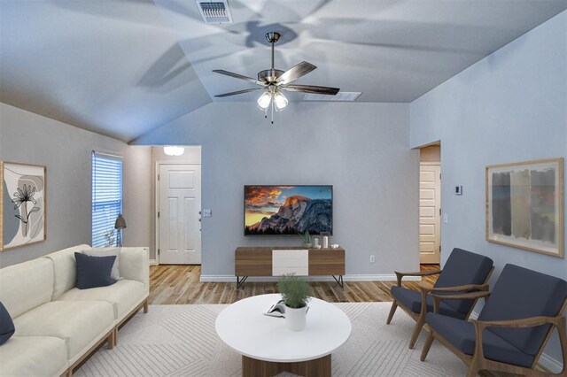 20101 Park Ln, Harrah, OK 73045 - living area with wood finished floors, lofted ceiling, a ceiling fan, and baseboards