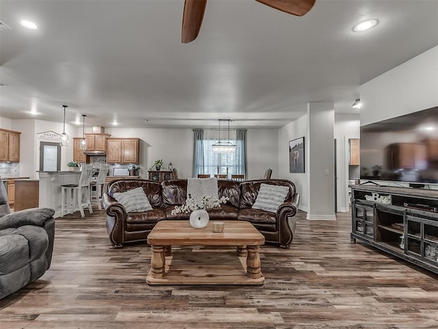940437 S 3310th Rd, Wellston, OK 74881 - living room with ceiling fan, dark wood-style flooring, and recessed lighting