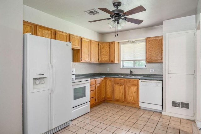 640 SW 1st Pl, Moore, OK 73160 - kitchen with white appliances, a sink, dark countertops, ceiling fan, and light tile patterned floors