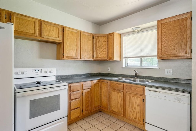640 SW 1st Pl, Moore, OK 73160 - kitchen featuring white appliances, a sink, dark countertops, and light tile patterned flooring