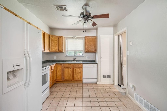 640 SW 1st Pl, Moore, OK 73160 - kitchen featuring white appliances, a sink, dark countertops, ceiling fan, and brown cabinets