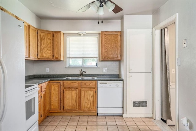 640 SW 1st Pl, Moore, OK 73160 - kitchen with white appliances, a sink, dark countertops, a ceiling fan, and brown cabinets