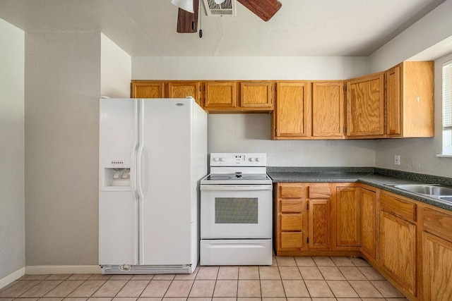 640 SW 1st Pl, Moore, OK 73160 - kitchen with white appliances, ceiling fan, dark countertops, and brown cabinets