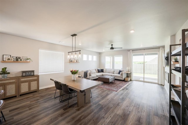 dining space featuring dark wood finished floors, ceiling fan, baseboards, and recessed lighting