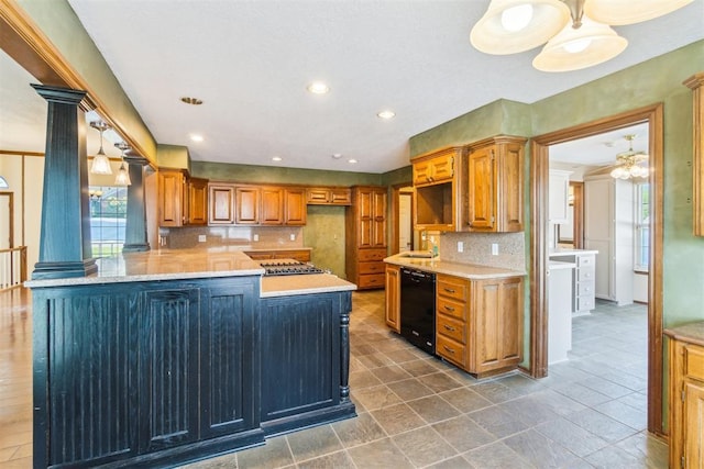 kitchen with dishwasher, tasteful backsplash, a peninsula, stainless steel gas stovetop, and light countertops