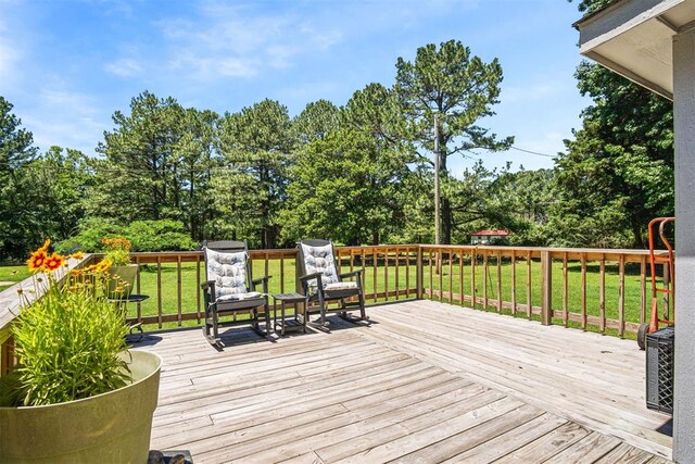 114166 S 4209th Rd, Eufaula, OK 74432 - wooden terrace with a yard and view of wooded area