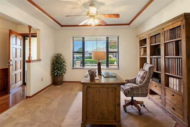 2613 SW 95th St, Oklahoma City, OK 73159 - home office with light colored carpet, baseboards, a ceiling fan, and a raised ceiling