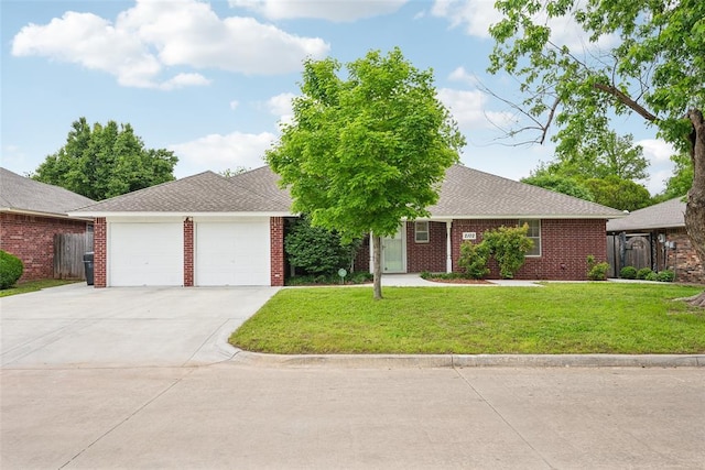 ranch-style home featuring driveway, brick siding, roof with shingles, and a garage