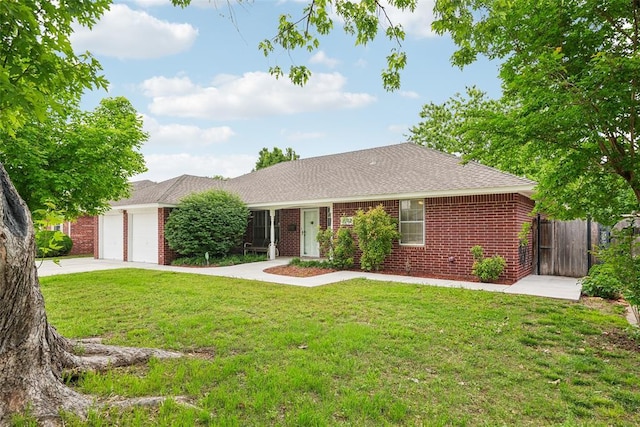 ranch-style home featuring brick siding, an attached garage, concrete driveway, and roof with shingles