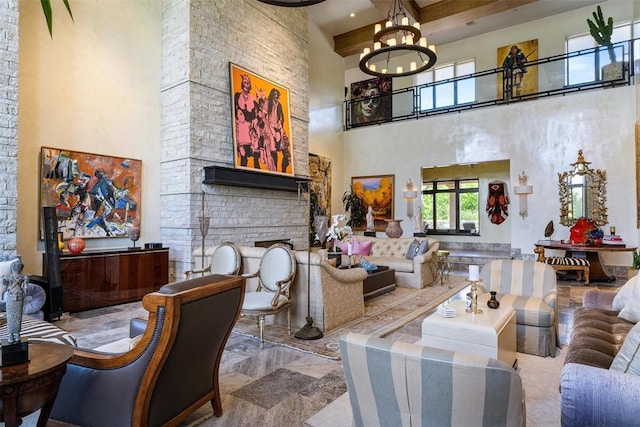 4400 NW 150th St, Oklahoma City, OK 73134 - living area featuring a towering ceiling, beamed ceiling, and a chandelier