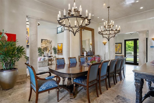 4400 NW 150th St, Oklahoma City, OK 73134 - dining area with decorative columns, a chandelier, and recessed lighting