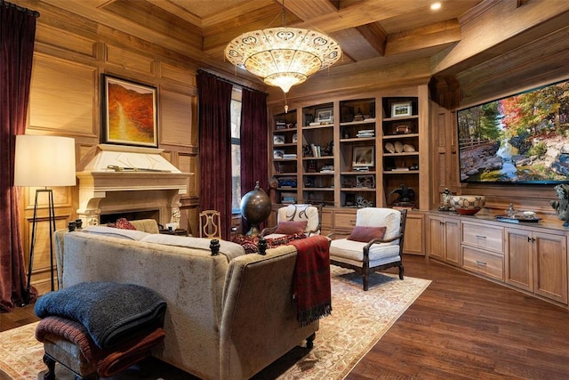 4400 NW 150th St, Oklahoma City, OK 73134 - living room with wooden walls, dark wood-type flooring, coffered ceiling, wood ceiling with exposed beams, and a fireplace