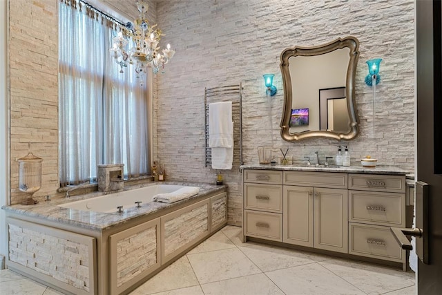 4400 NW 150th St, Oklahoma City, OK 73134 - full bathroom with vanity, a bath, a chandelier, and tile patterned flooring