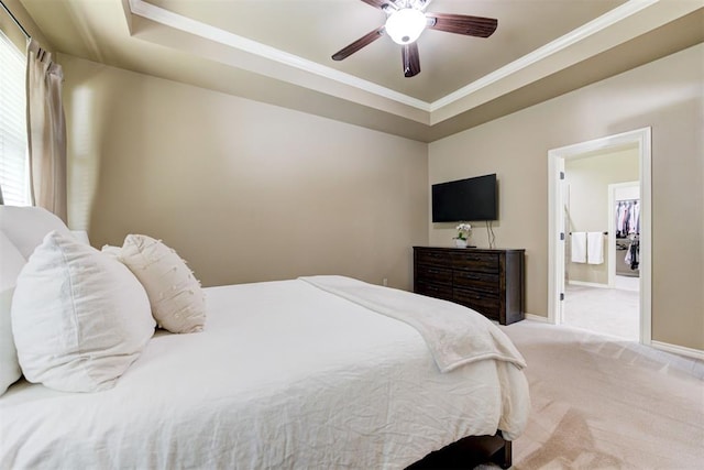 12360 Hidden Run Rd, Guthrie, OK 73044 - bedroom featuring ornamental molding, carpet flooring, a raised ceiling, baseboards, and a ceiling fan