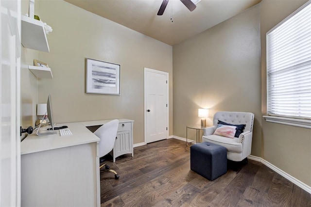 12360 Hidden Run Rd, Guthrie, OK 73044 - office featuring dark wood-type flooring, ceiling fan, and baseboards