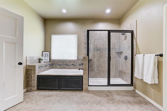 12360 Hidden Run Rd, Guthrie, OK 73044 - bathroom featuring a stall shower, a garden tub, tile patterned floors, and recessed lighting