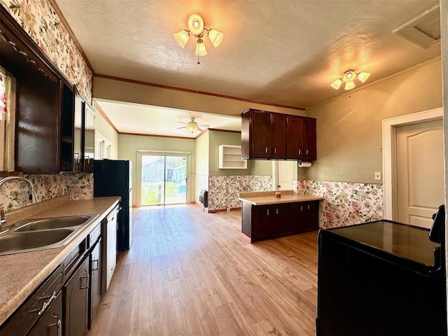 kitchen with a sink, a ceiling fan, black range with electric cooktop, dark brown cabinets, and ornamental molding