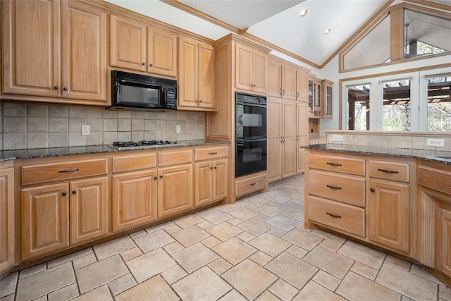 kitchen featuring black appliances, tasteful backsplash, dark stone counters, and high vaulted ceiling