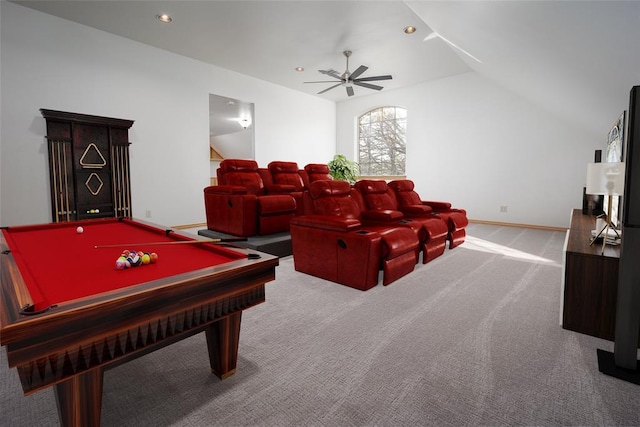 cinema featuring a ceiling fan, lofted ceiling, carpet floors, baseboards, and recessed lighting