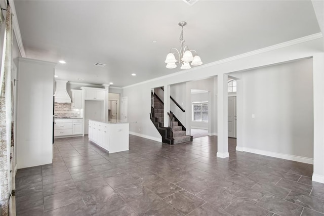 5625 Courtland Ln, Choctaw, OK 73020 - unfurnished living room featuring ornamental molding, stairs, a chandelier, baseboards, and recessed lighting