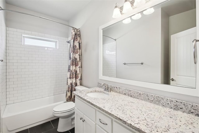 5625 Courtland Ln, Choctaw, OK 73020 - full bathroom with vanity, shower / tub combo with curtain, toilet, and tile patterned flooring