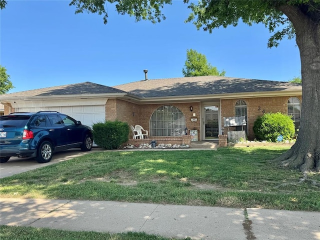 2409 SW 91st St, Oklahoma City, OK 73159 - ranch-style home featuring a garage, a front lawn, brick siding, and a shingled roof