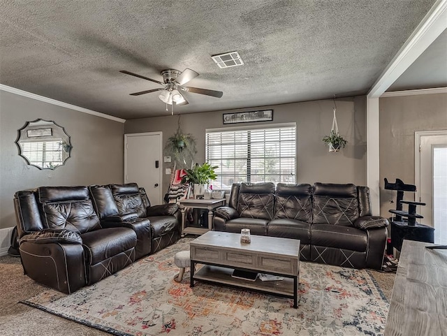 717 SW 4th Pl, Moore, OK 73160 - carpeted living room with a ceiling fan, a textured ceiling, and ornamental molding