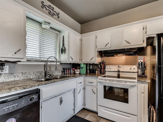 717 SW 4th Pl, Moore, OK 73160 - kitchen featuring white electric stove, dishwasher, a sink, under cabinet range hood, and white cabinetry