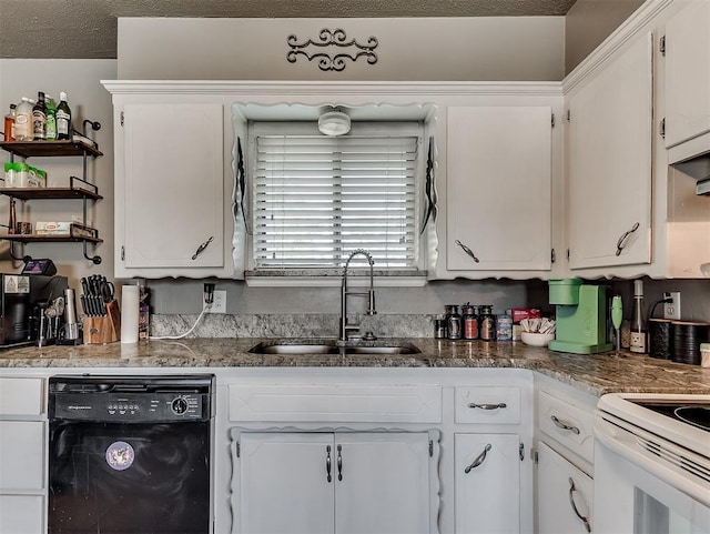 717 SW 4th Pl, Moore, OK 73160 - kitchen featuring dishwasher, a sink, white cabinetry, open shelves, and white range with electric cooktop