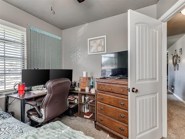 717 SW 4th Pl, Moore, OK 73160 - carpeted bedroom featuring multiple windows, an office area, and a textured ceiling