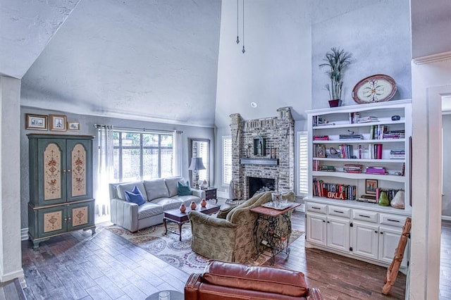 3517 Brookford Dr, Norman, OK 73072 - living area featuring dark wood-style flooring, high vaulted ceiling, and a brick fireplace
