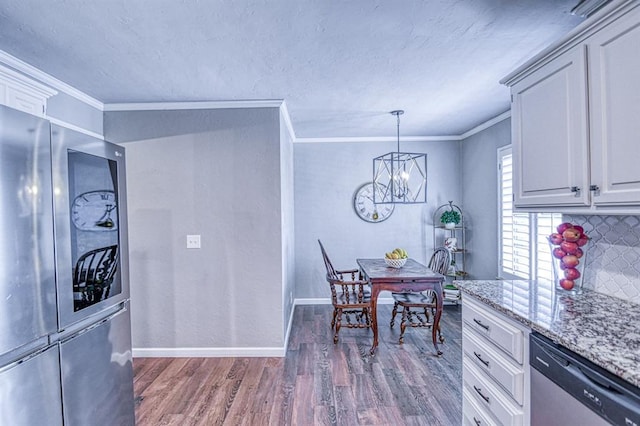 3517 Brookford Dr, Norman, OK 73072 - kitchen with dishwasher, dark wood-type flooring, crown molding, light stone countertops, and baseboards