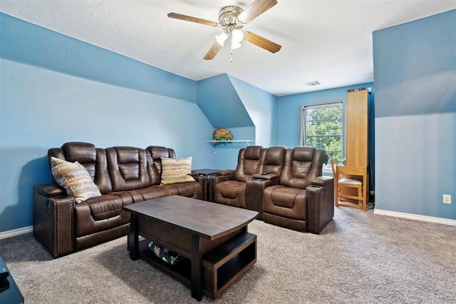 3005 Summit Hill Rd, Norman, OK 73071 - living room with a ceiling fan, carpet, and baseboards