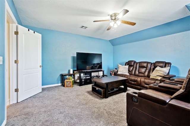 3005 Summit Hill Rd, Norman, OK 73071 - living room with carpet flooring, ceiling fan, and lofted ceiling