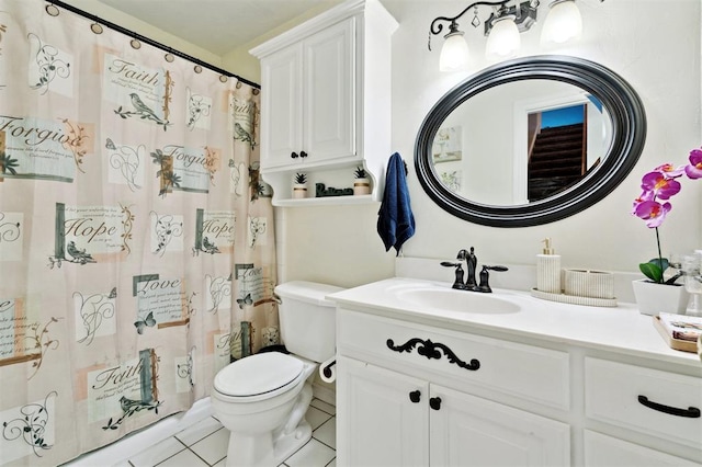 3005 Summit Hill Rd, Norman, OK 73071 - full bath featuring vanity, toilet, tile patterned floors, and a shower with shower curtain