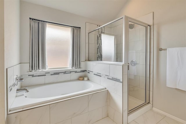 6812 NW 149th St, Oklahoma City, OK 73142 - full bathroom with a shower stall, a bath, and marble look tiles