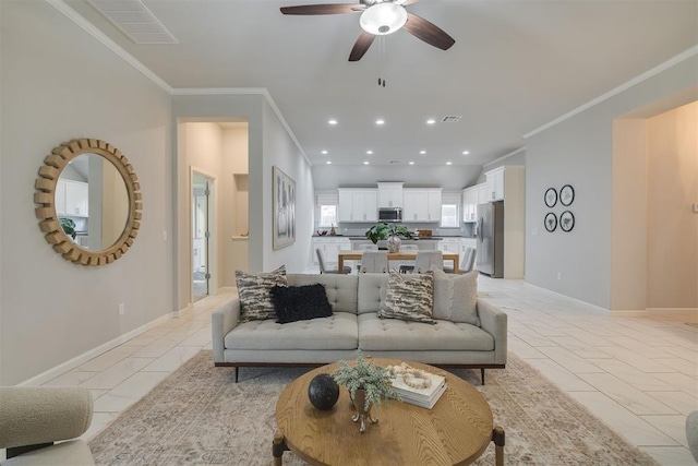 6812 NW 149th St, Oklahoma City, OK 73142 - living area featuring a ceiling fan, ornamental molding, and recessed lighting