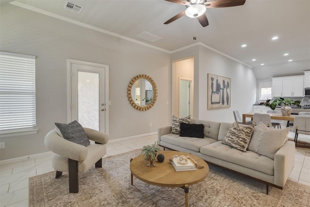 6812 NW 149th St, Oklahoma City, OK 73142 - living area with crown molding, ceiling fan, and recessed lighting