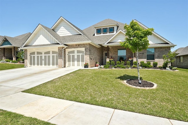 craftsman-style house featuring a garage, a front lawn, driveway, brick siding, and board and batten siding