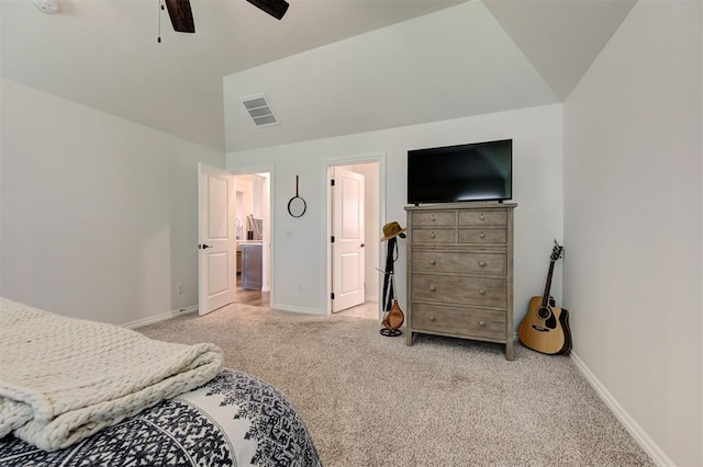 bedroom with carpet floors, lofted ceiling, baseboards, and ceiling fan