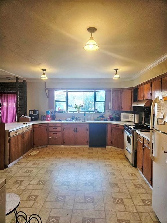 921 E Walnut St, Altus, OK 73521 - kitchen featuring white appliances, ornamental molding, under cabinet range hood, light countertops, and a sink