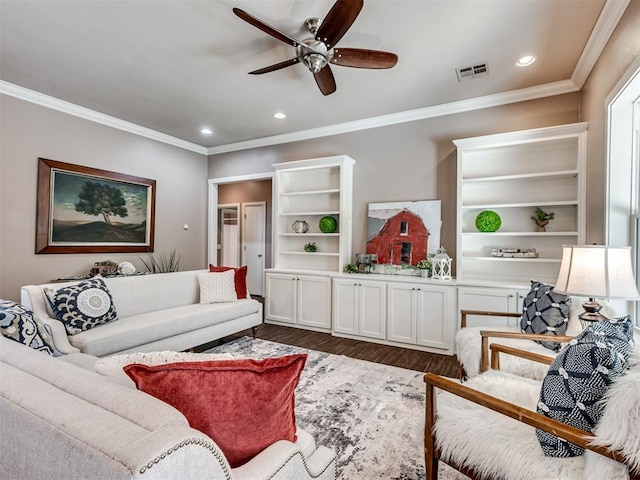 24051 Hester Cir, Washington, OK 73093 - living area featuring a ceiling fan, ornamental molding, dark wood finished floors, and recessed lighting