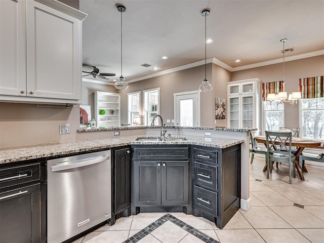 24051 Hester Cir, Washington, OK 73093 - kitchen featuring stainless steel dishwasher, a sink, ceiling fan, ornamental molding, and white cabinetry