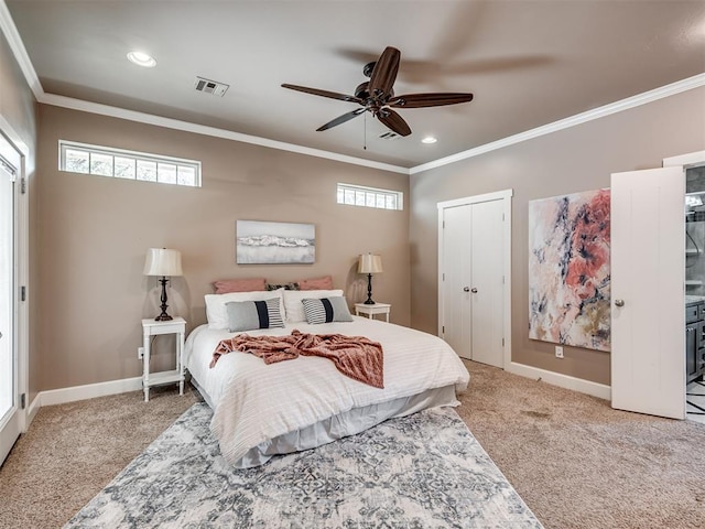 24051 Hester Cir, Washington, OK 73093 - carpeted bedroom with ornamental molding, recessed lighting, baseboards, and a ceiling fan