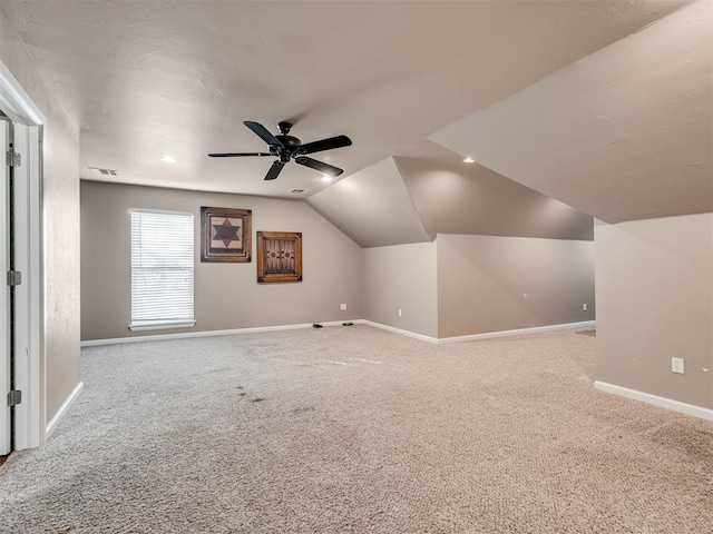 24051 Hester Cir, Washington, OK 73093 - additional living space with baseboards, lofted ceiling, carpet floors, ceiling fan, and recessed lighting